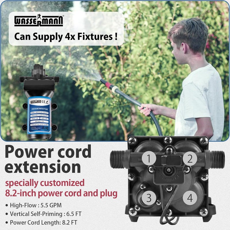 wassermann 115V AC Water Diaphragm Pump,5.5GPM 60PSI 1/2" NPSM with 8.2ft Power Cord & Plug,Self-Priming Fresh Water Pressure Booster Pump,Pressure Switch, for Garden Kitchen Bathroom RV Marine Camper - Image 3